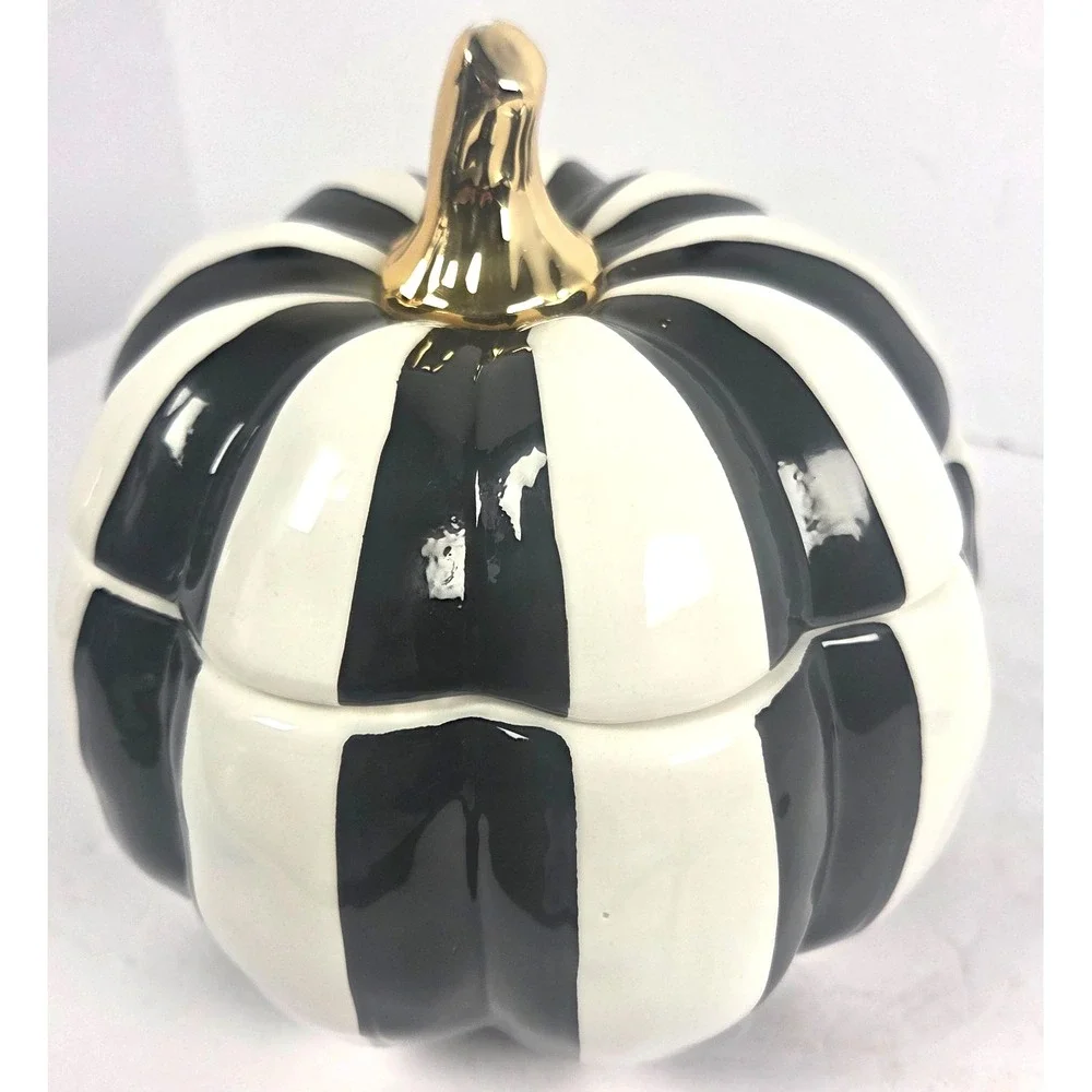 10 Strawberry Street Pumpkin Canister 7 Inch Black White Ceramic Halloween